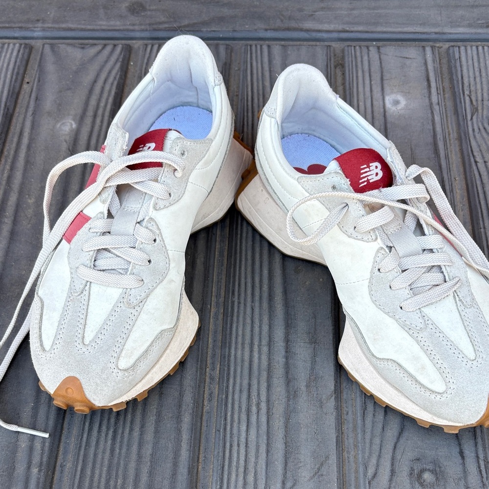New Balance Women’s Cream Suede Sneakers with Red Tongue